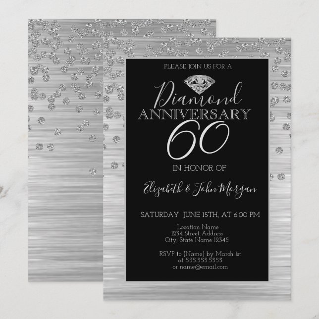 Invitation Mariage Anniversaire Chic Diamants Argent (Devant / Derrière)