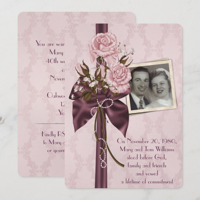 Invitation mariage anniversaire fête des roses blush et damas (Devant / Derrière)