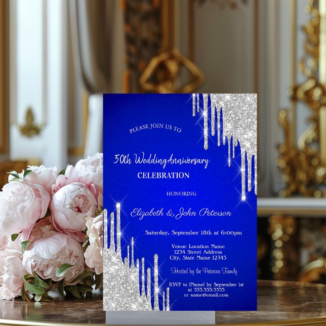 Invitation Mariage Anniversaire Royal Bleu Paillettes Gouttes (Créateur téléchargé)
