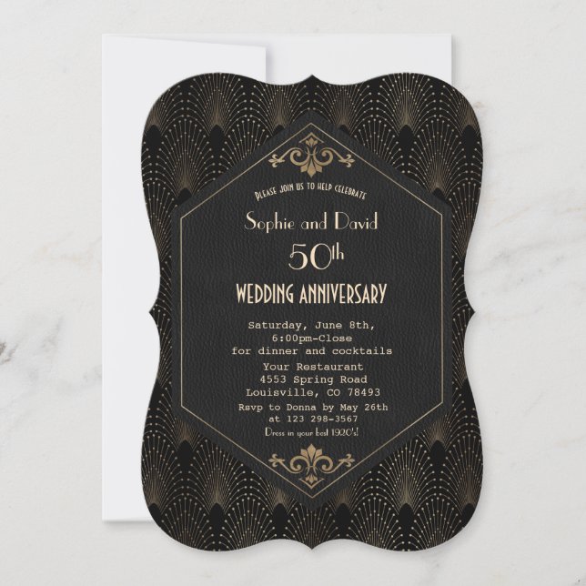 Invitation Mariage Anniversaire Royal Or Noir Gatsby (Devant)