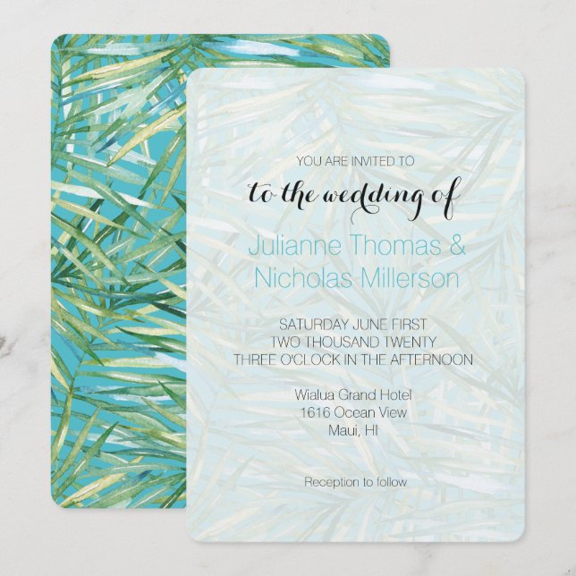 Invitation Mariage Aqua Blue Green Tropical Feuille Watercolo (Devant / Derrière)