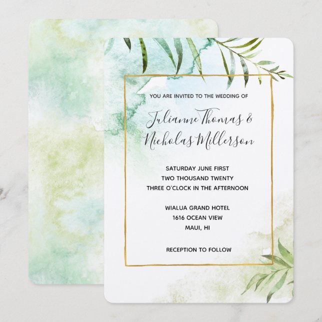 Invitation Mariage Aqua Tropical Feuille Watercolor (Devant / Derrière)