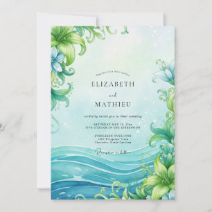 Invitation Mariage Aqua Vague Océan Eucalyptus Poussiéreux