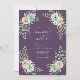 Invitation Mariage aquarelle à l'eau violette et menthe