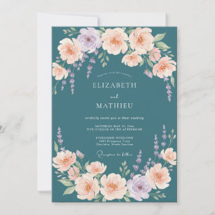 Invitation Mariage aquarelle abricot pétrole