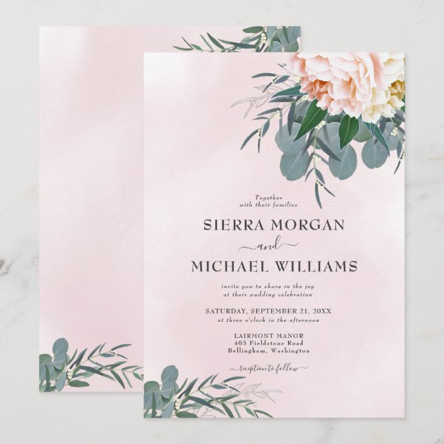 Invitation Mariage aquarelle au eucalyptus rose fuchsia (Devant / Derrière)