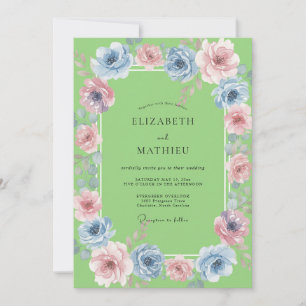 Invitation Mariage aquarelle bleu azur chartreuse