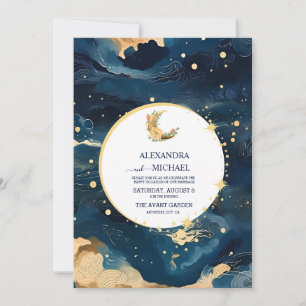 Invitation Mariage aquarelle bleu et or de minuit mystique
