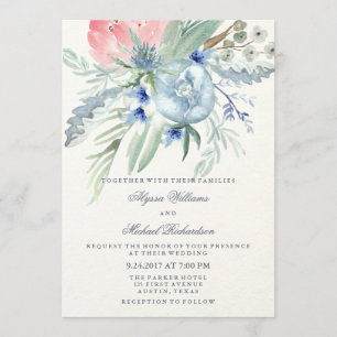 Invitation Mariage Aquarelle bleu et rose Peonies