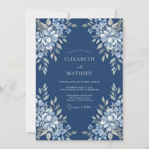 Invitation Mariage aquarelle botanique bleu de minuit