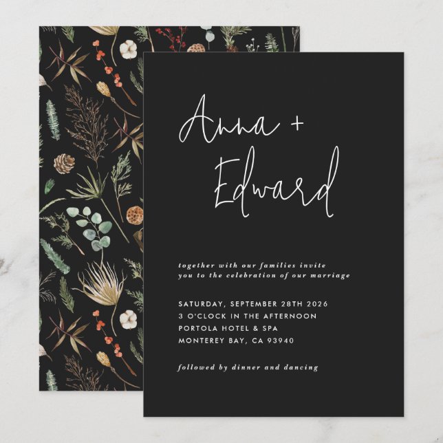 Invitation Mariage aquarelle botanique floral noir moderne (Devant / Derrière)