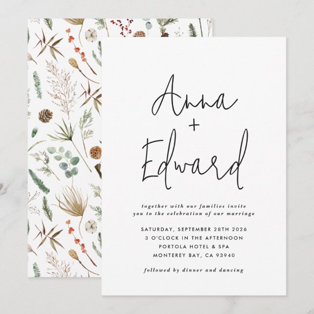 Invitation Mariage aquarelle botanique floral noir moderne (Devant / Derrière)