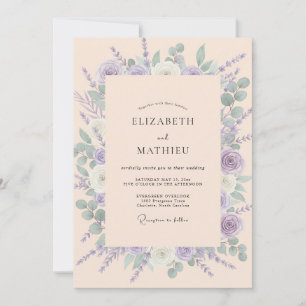 Invitation Mariage aquarelle botanique pêche lavande