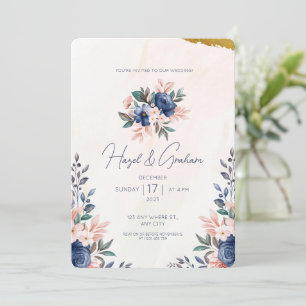 Invitation Mariage Aquarelle Cadre Floral Simple Brun Bleu