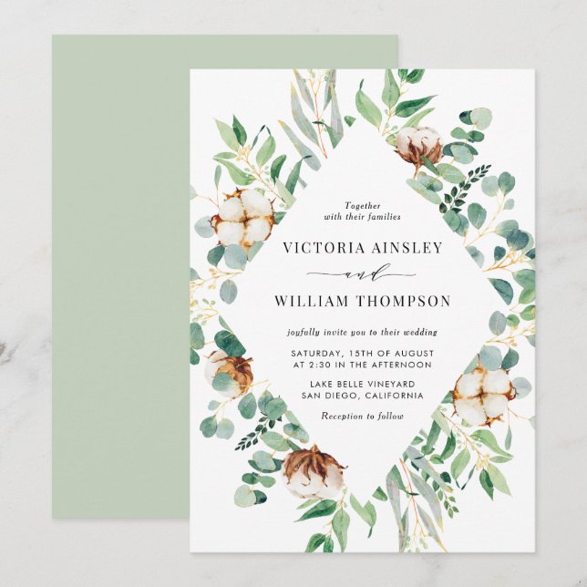 Invitation Mariage aquarelle cotons et feuilles d'eucalyptus (Devant / Derrière)