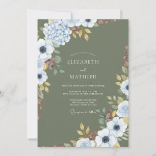 Invitation Mariage aquarelle délicat aux anémones et olive