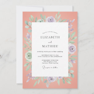 Invitation Mariage Aquarelle Eau de Lavande Corail