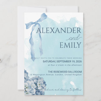 Invitation Mariage aquarelle élégant aux hortensias bleus