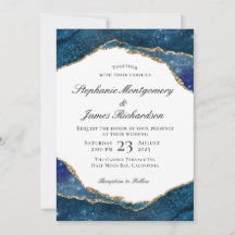 Mariage Aquarelle Élégant Bleu Or Feuille Agate