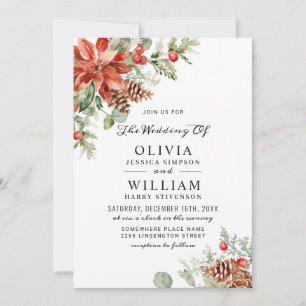 Invitation Mariage aquarelle élégant poinsettia rouge sapin d