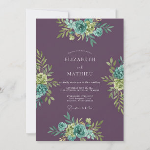 Invitation Mariage Aquarelle Fleurie Aqua Prune
