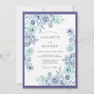 Invitation Mariage Aquarelle Fleurie Menthe et Pervenche