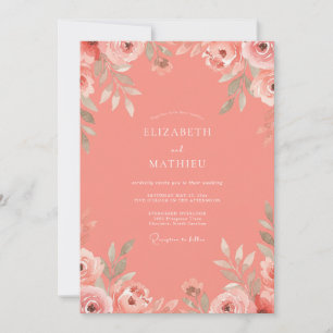 Invitation Mariage Aquarelle Fleurs Rose Corail