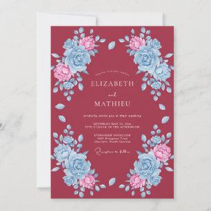 Invitation Mariage aquarelle florale bleu cramoisi