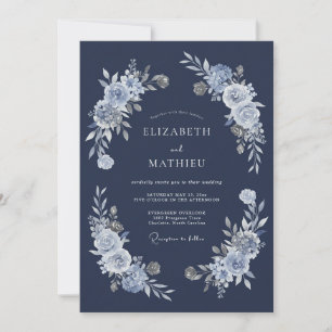 Invitation Mariage aquarelle florale bleu glace de la marine
