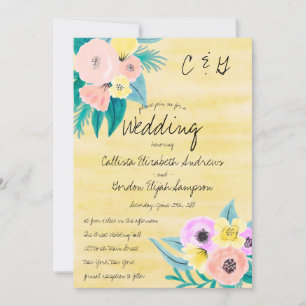 Invitation Mariage aquarelle florale jaune corail de printemp