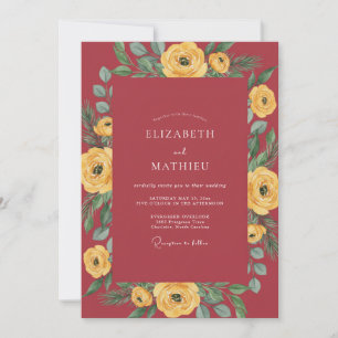 Invitation Mariage aquarelle florale jaune cramoisi