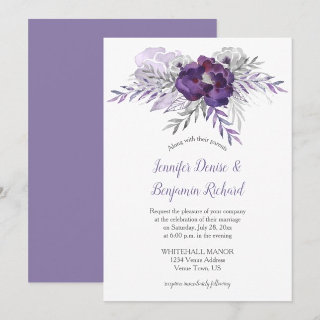 Invitation Mariage Aquarelle gris argenté violet | (Devant / Derrière)