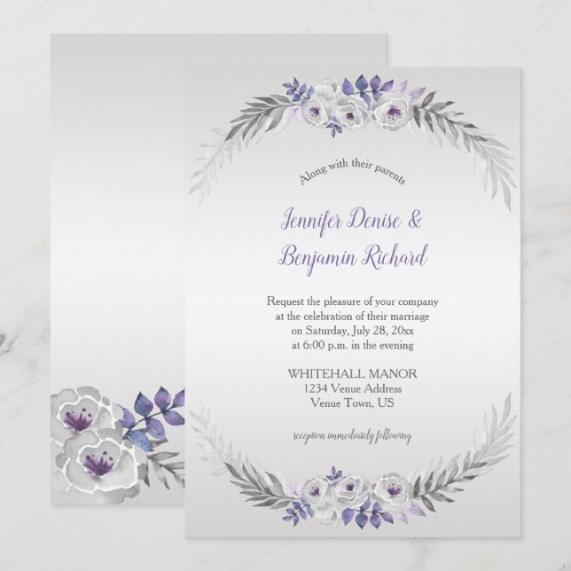 Invitation Mariage Aquarelle gris argenté violet | (Devant / Derrière)