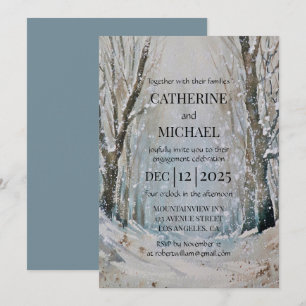 Invitation Mariage aquarelle hivernal en bleu poussiéreux rus