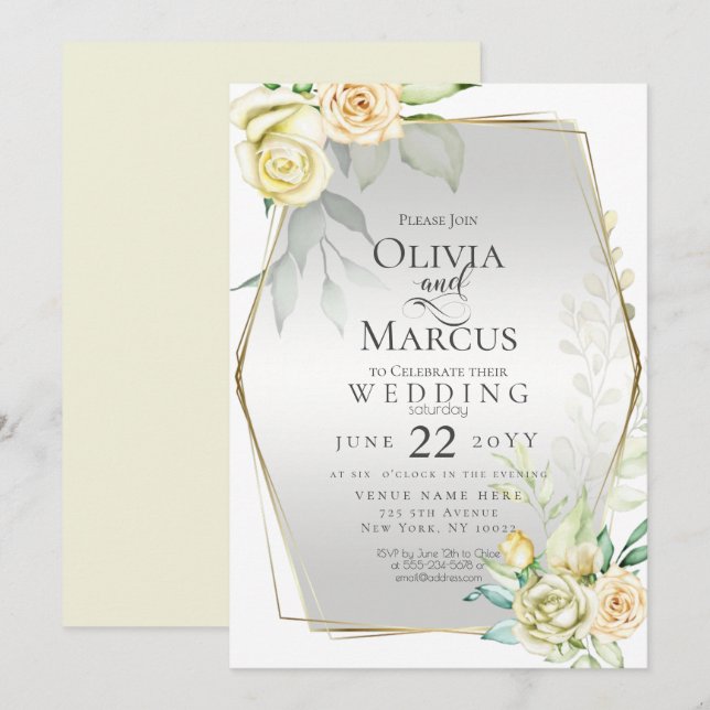 Invitation Mariage | Aquarelle Ivoire Jaune Blush Roses (Devant / Derrière)