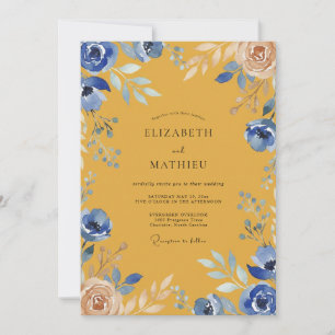 Invitation Mariage aquarelle jaune moutarde et bleuet