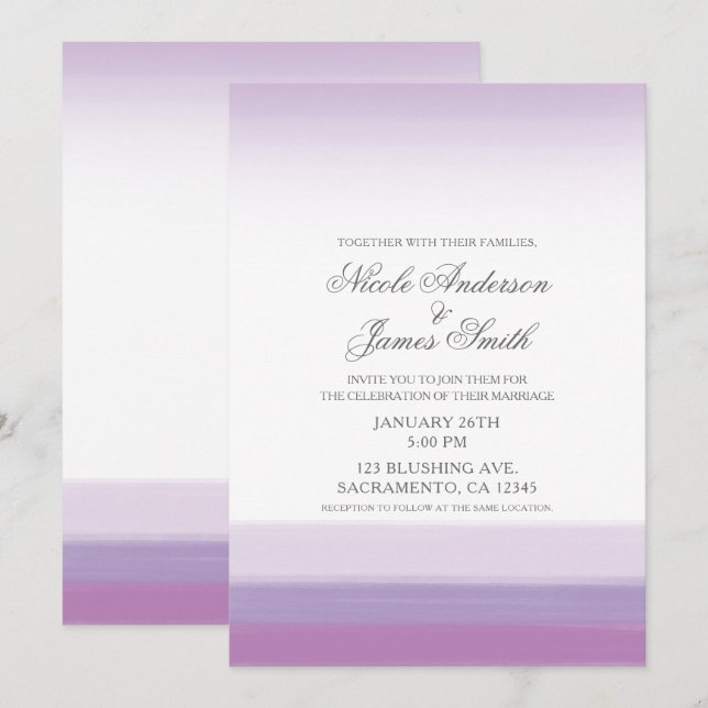 Invitation Mariage aquarelle moderne lavande, violet et blanc (Devant / Derrière)