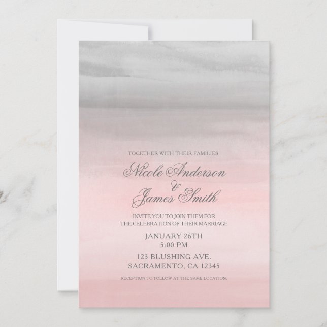 Invitation Mariage Aquarelle Moderne Rose et Gris avec Rougis (Devant)