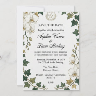 Invitation Mariage aquarelle orchidée blanche et lierre vert