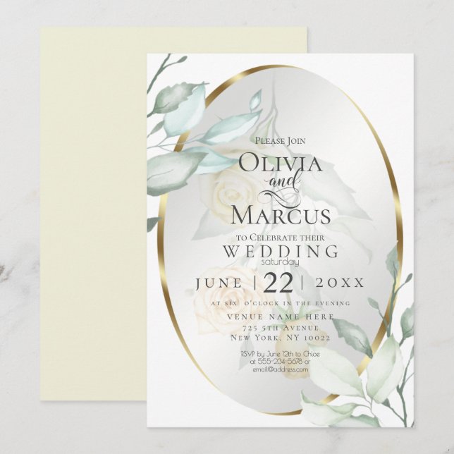 Invitation Mariage | Aquarelle ovale Ivoire Jaune Blush Roses (Devant / Derrière)