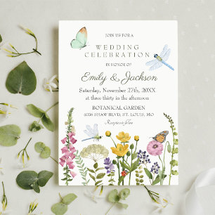 Invitation Mariage aquarelle papillon libellule fleur sauvage