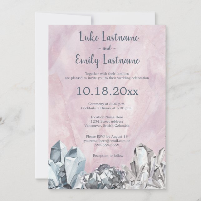 Invitation Mariage aquarelle rose avec géodes et pierres préc (Devant)