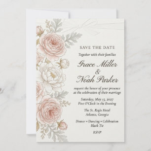 Invitation Mariage aquarelle rose rougeoyante et ruban blanc