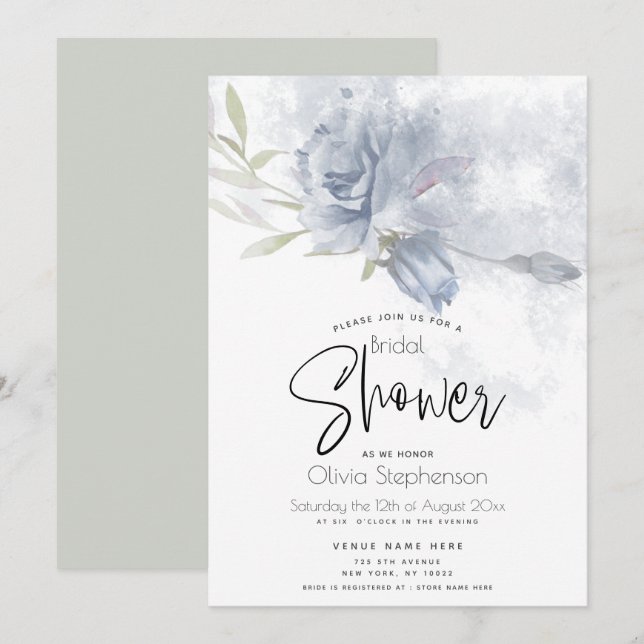 Invitation Mariage | Aquarelle Rustique Dusty Blue Roses (Devant / Derrière)