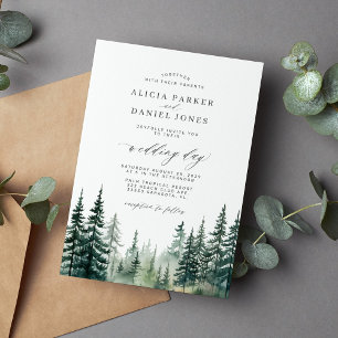 Invitation Mariage aquarelle rustique forêt de pins en hiver
