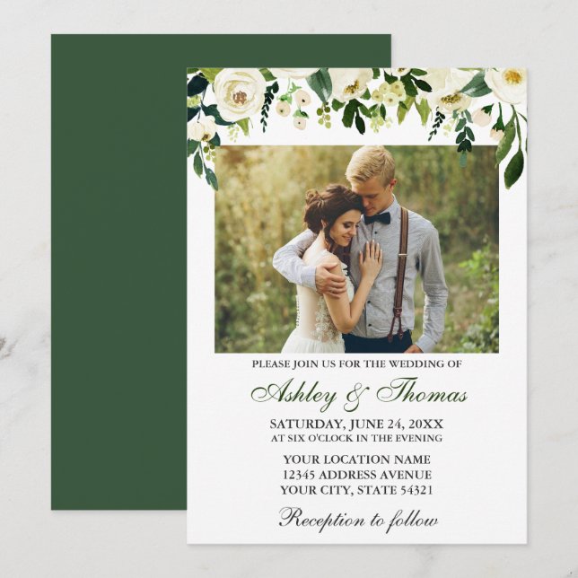 Invitation Mariage Aquarelle Vert Blanc Floral Photo (Devant / Derrière)