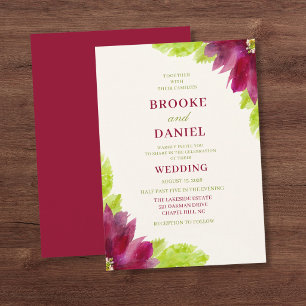 Invitation Mariage aquarelle vert citron et Bourgogne
