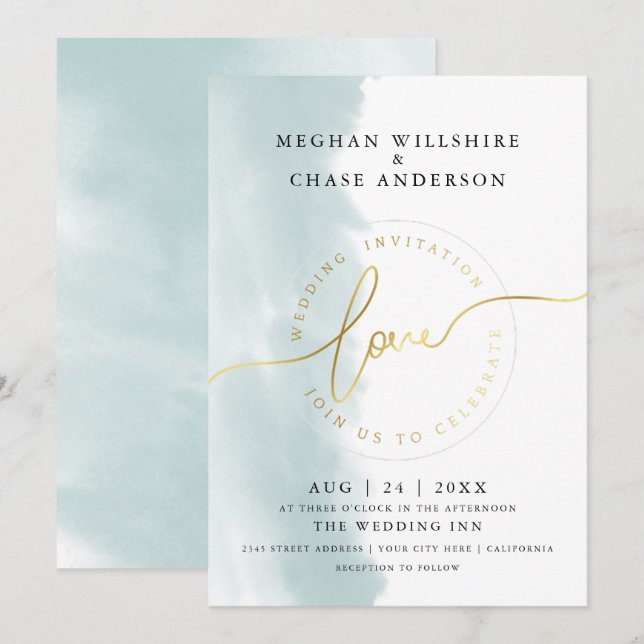 Invitation MARIAGE | Aquarelle verte Turquoise (Devant / Derrière)