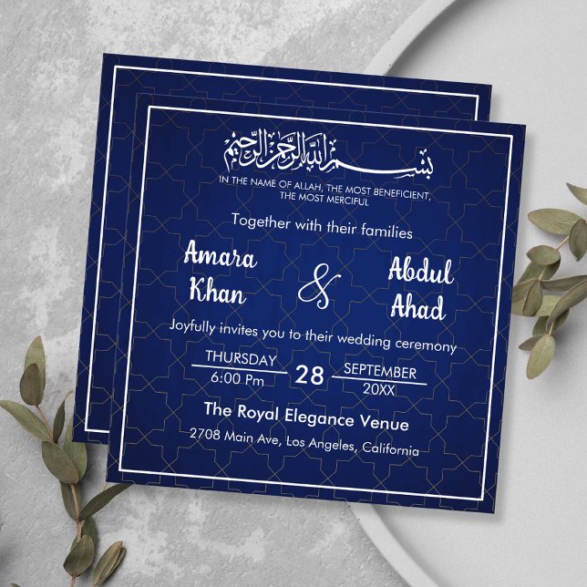Invitation Mariage arabe islamique bleu et blanc (Créateur téléchargé)