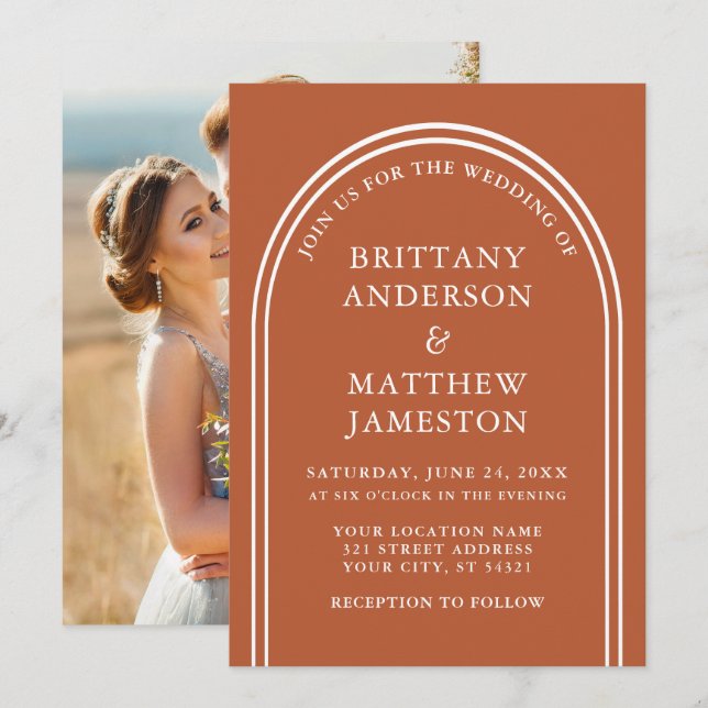 Invitation Mariage Arc Moderne et élégant Brûlé Orange Photo (Devant / Derrière)
